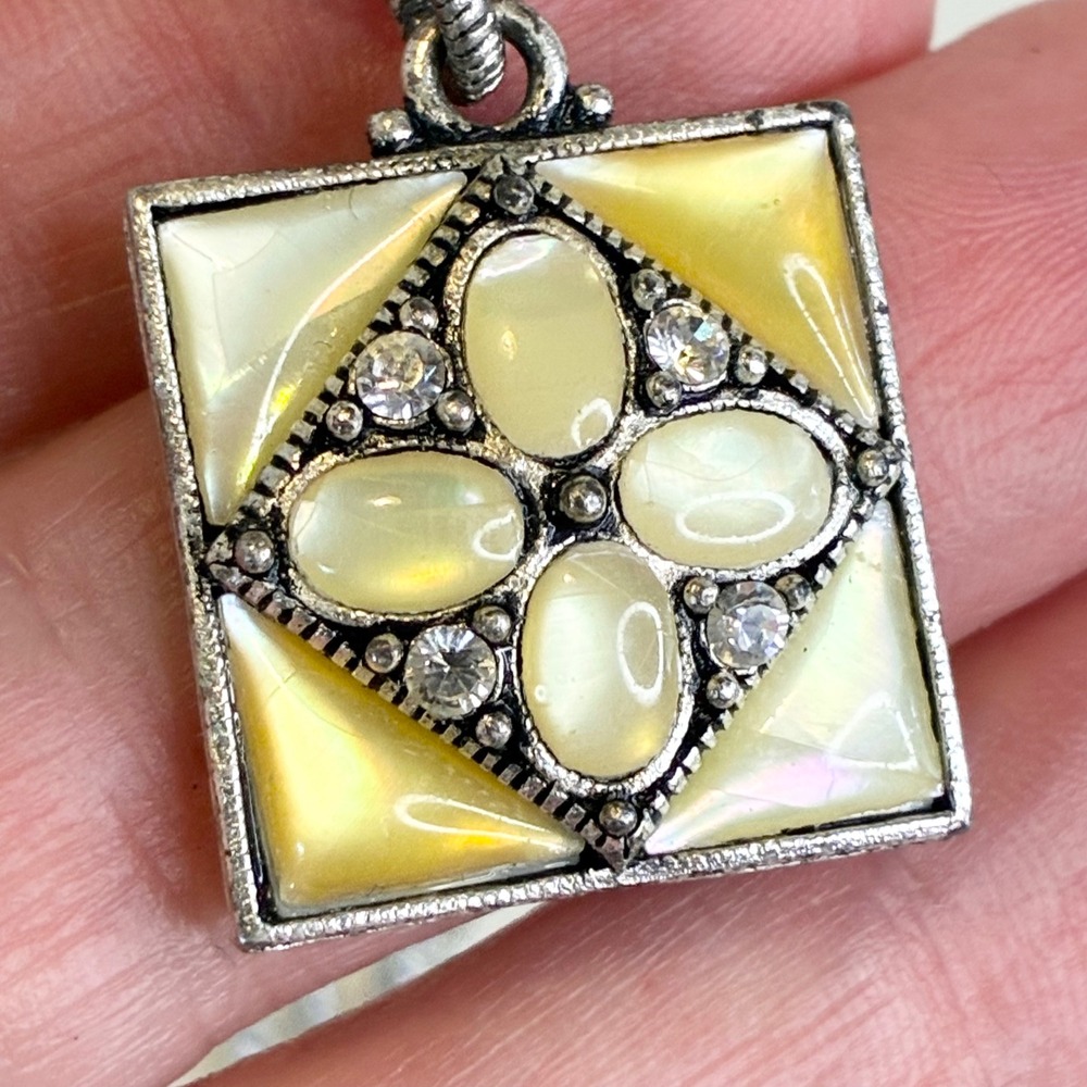Vintage 1928 Necklace Yellow Mother Of Pearl Cats Eye Rhinestone Square Pendant